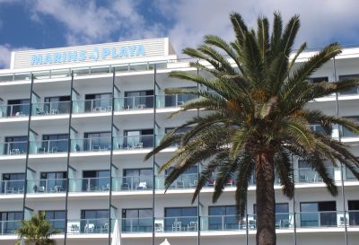 Hotel mit Palme im Vordergrund